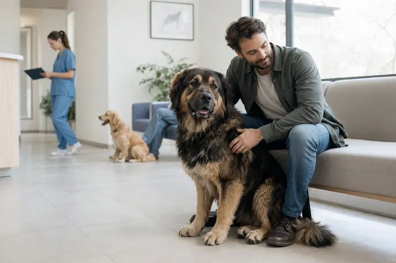 Ein Bakharwal Mastiff sitzt entspannt neben seinem Besitzer in einem modernen Tierarztwartezimmer.